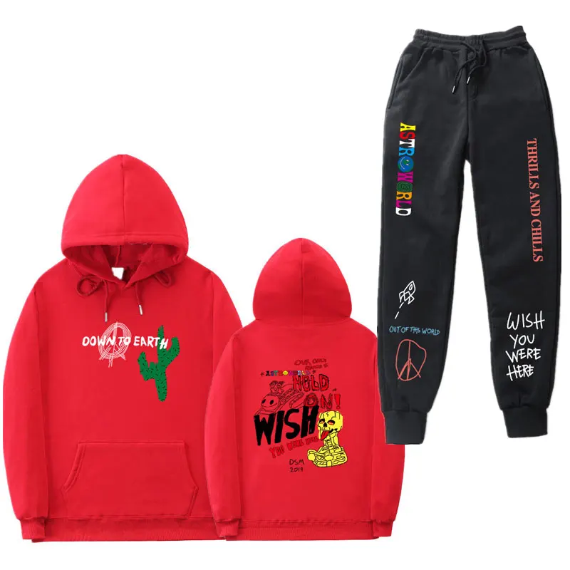Трэвиса Скотта астромира толстовки наборы уличная флисовая толстовка и брюки с костюм с карманами костюмы кактус пот брюки костюм - Цвет: Red MS490WK0