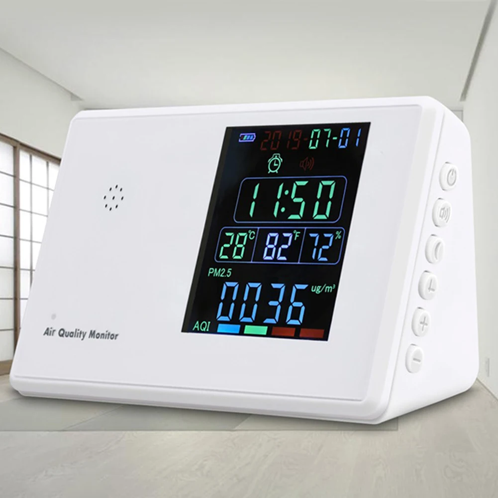 

Air Quality Monitor Accurate Formaldehyde Particles Temperature Office LCD Display Alarm USB Port Standing For CO2 PM2.5 Digital