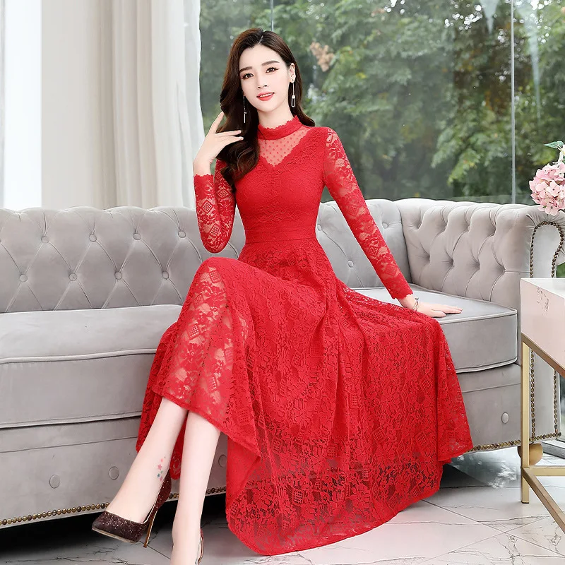 

Red Lace Dress Mid-length 2020 Spring WOMEN'S Dress New Style Elegant Slimming Underwear French over-the-Knee Long Skirts