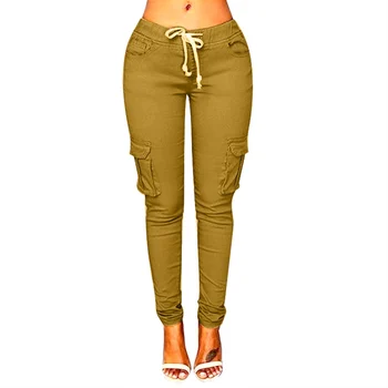 

New Women Pants bandage Comfy Pocket Mid Waist Elastic Drawstring Solid Color Loose Straight Casual Long Tooling Pants