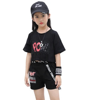 

2Pcs Kids Girls Black T-shirt Shorts Dancewear Children Hip Hop Clothing Set Streetwear Stage Performance Costume