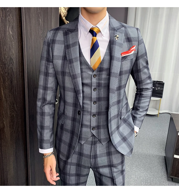 Азиатский размер роскошный костюм(Блейзер+ жилет+ брюки) Модные клетчатые мужские костюмы Высокое качество формальный повседневный деловой костюм