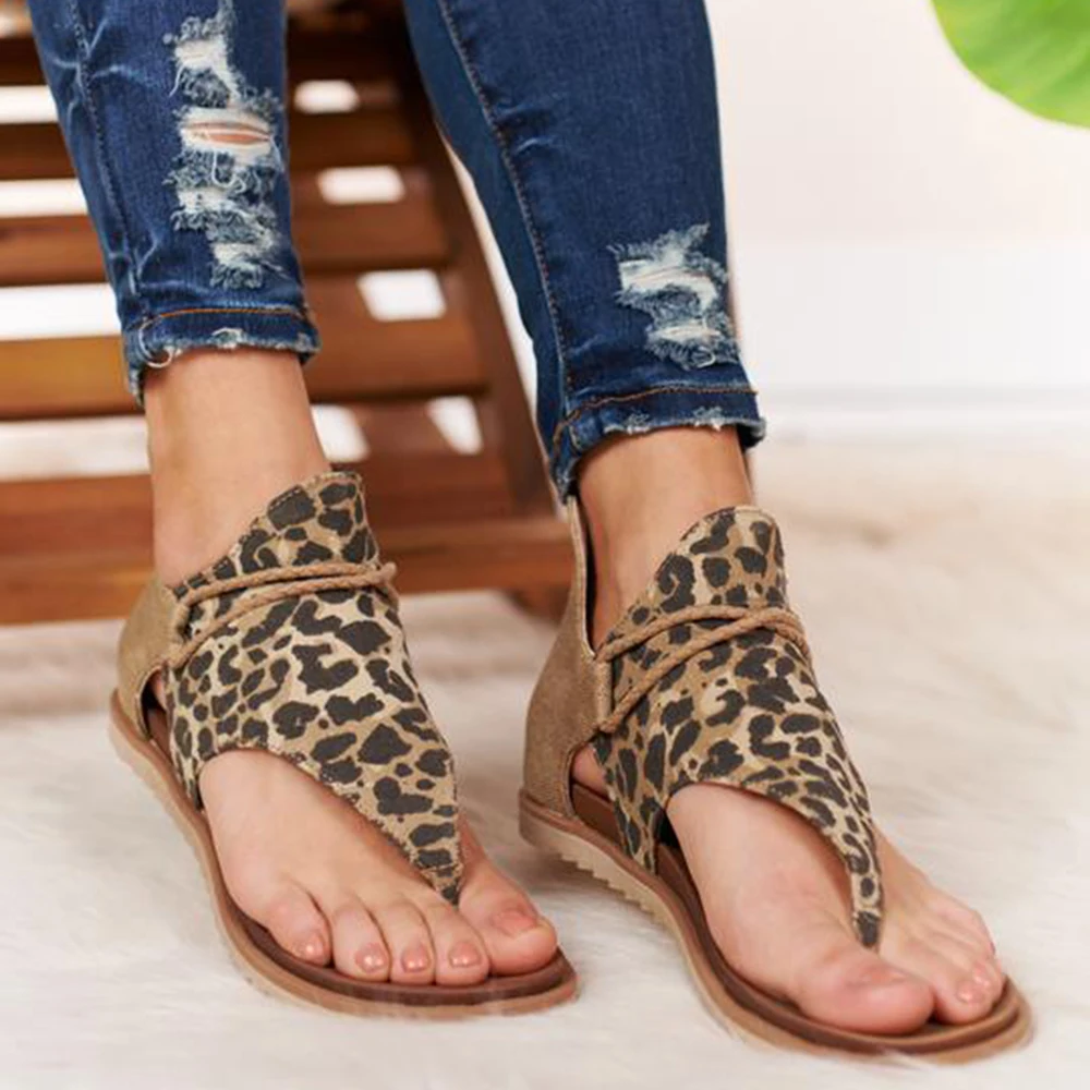 

LOOZYKIT 2020 New Design Prints Leopard Ankle Strap Sandals Women Flats Party Lace-Up Summer Sandal Shoes Size 36-42