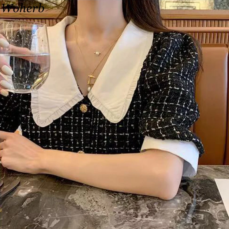 

Woherb Shirts Women Summer 2020 Solid Turn Down Collar Puff Sleeve Ladies Blouse Casual Loose Single Breasted Female Tops