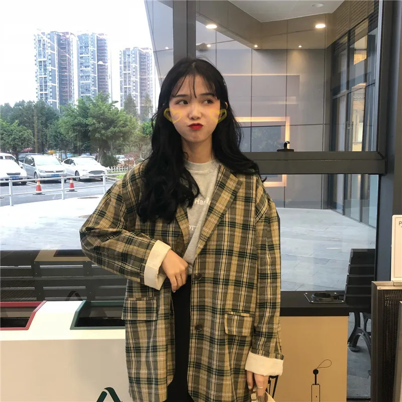 

Photo Shoot Korean-style Spring New Style Retro College Style Contrast Color Pattern Fold-down Collar Loose-Fit Suit Jacket