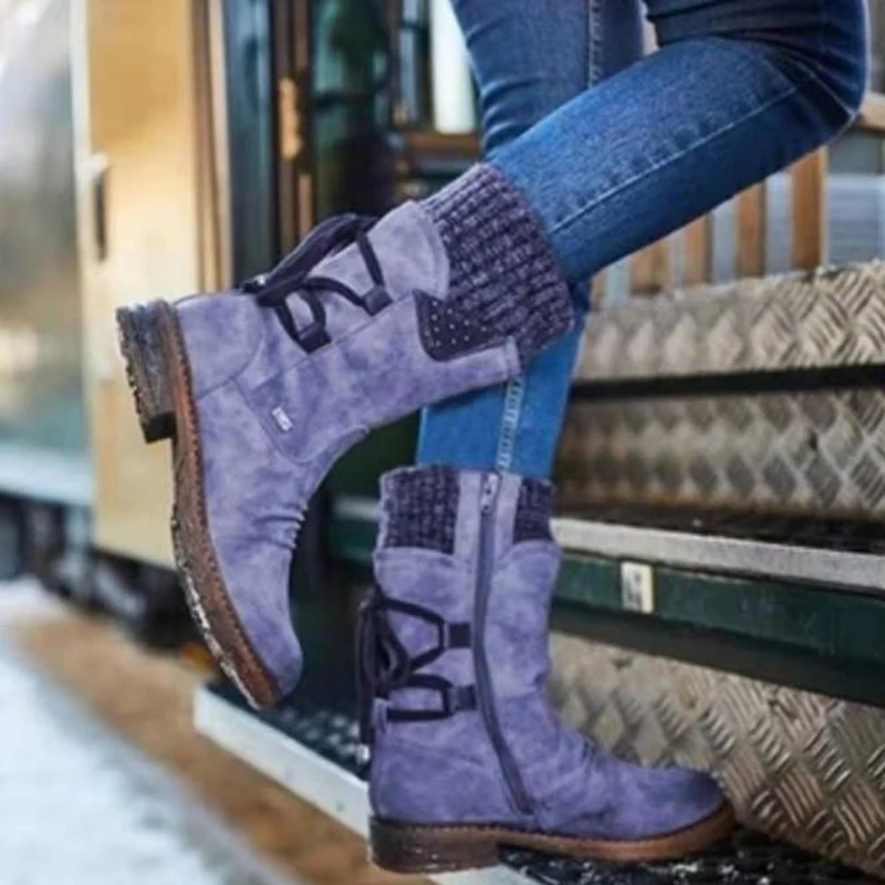 

Newest Ladies Warm Boots PU Leather Snow Boots Woman Winter Boots Female Mid Calf Platform Tied Booties