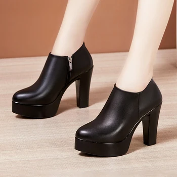 

GKTINOO Deep Mouth Block Heels Leather Shoes Women Pumps 2019 Autumn Winter Plus Velvet Black High Heels Office Shoes Plus size