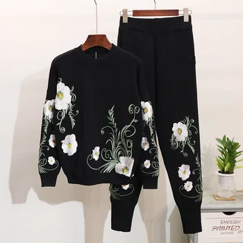 

Knitting Clothing Sets Women Winter Embroidery Flower Sweater Trousers 2pc Winter Fashion Loose Tracksuits Sets Feminino Outfits