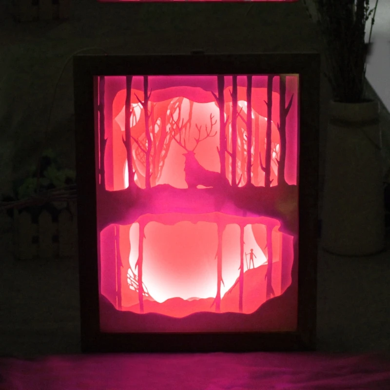 

Papercut Light Box LED USB Night Light Lamp Creative Paintings Deer Woods