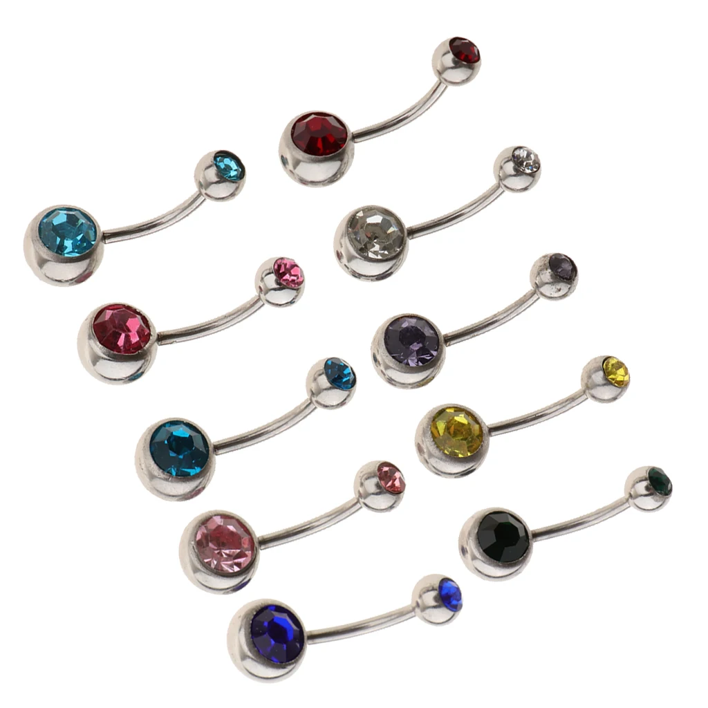 10Pcs - VALUE PACK - Navel Ring Barbell Crystal Rhinestone Belly Button Ring Bar Piercing 18g Gauge