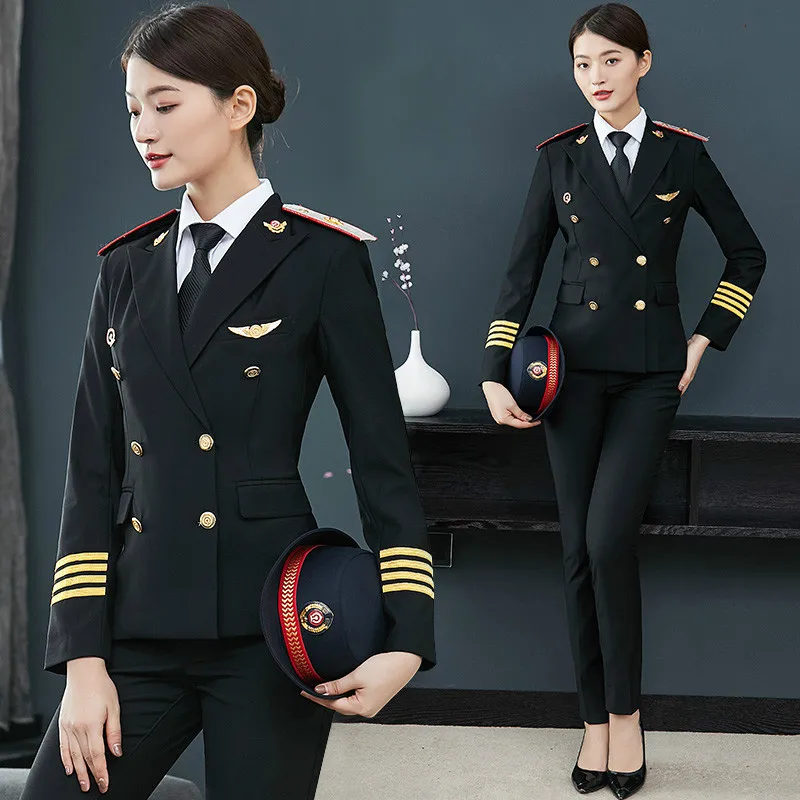 Высококачественные Женские блейзеры костюмы Slim Fit капитан форма пилота наборы с 5 подарками роскошные женские костюмы поезд дирижер платье