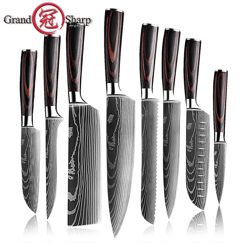 Шеф-нож Grandsharp высокоуглеродистые кухонные ножи лазерный узор Дамаска японский