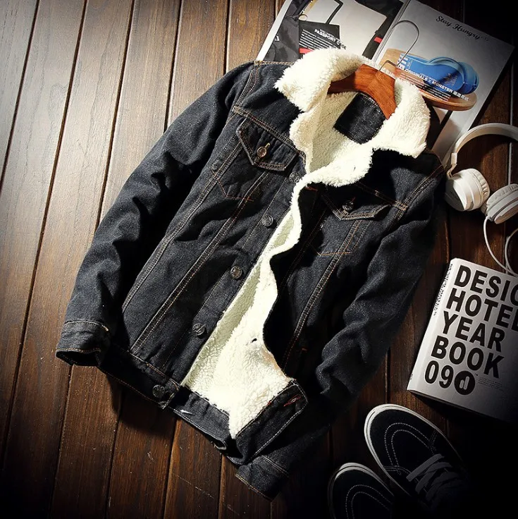 Мужская куртка и пальто, трендовая Теплая Флисовая Толстая джинсовая куртка, зимняя модная мужская джинсовая куртка s, верхняя одежда, мужская ковбойская куртка размера плюс - Цвет: Retro black