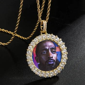 

Hip Hop Cubic Zircon Custom Photo Big Stone Roundness Hollow Back Necklaces & Pendants For Men Jewelry With Tennis Chain