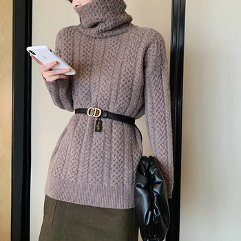 

High collar100% pure wool sweater female 2019 autumn winter pile pile collar vintage twisted loose loose lazy wind sweater tide