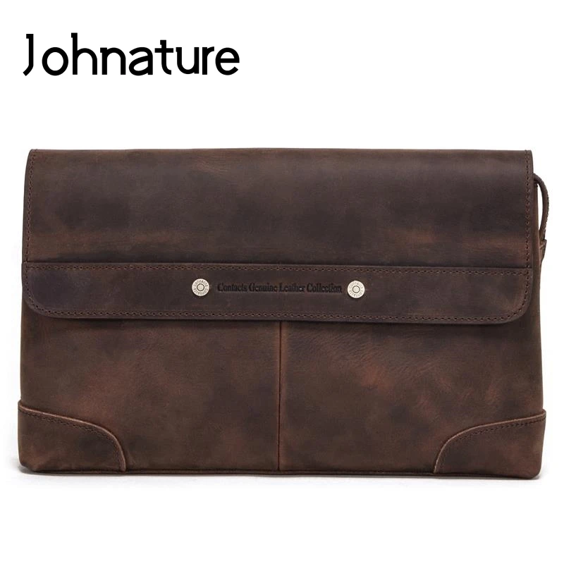 

Johnature 2020 New Crazy Horse Leather Men Hand Bag Retro Large Capacity Clutch Bag Multi Functional Genuine Leather Handbag