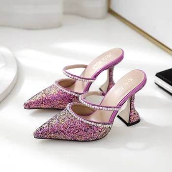 

Women's Genuine Leather Shoes Pointed Toe Ladies' Slippers Pantofle Glitter Slides Heeled Mules Shallow Cover 2020 Jelly Heels