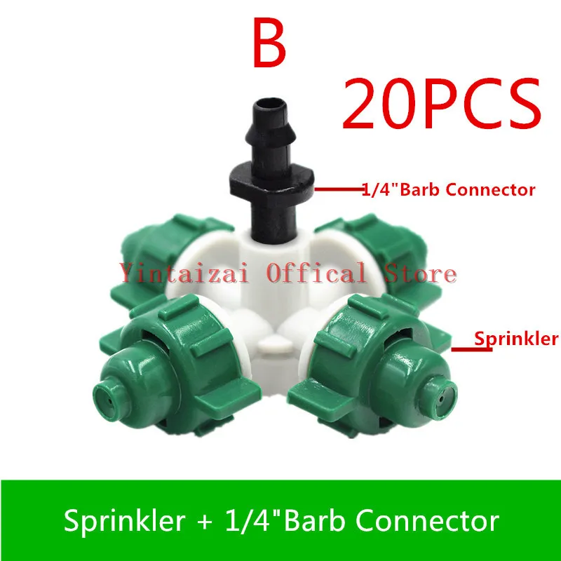 B 20pcs 20 шт. зеленая 4-Ways Misting спринклерная теплица насадка для распыления садовых увлажняющих инструментов микро распылитель, лейка фитинги - Цвет: B 20pcs