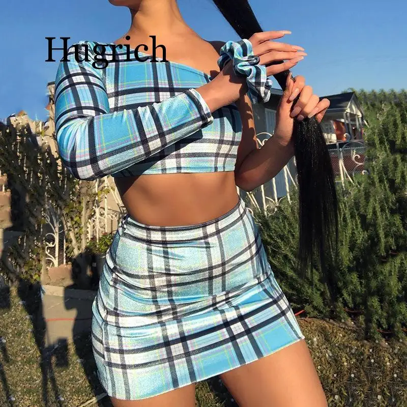 

2020 Plaid Print Sexy Two Piece Set One Shoulder Long Sleeve Crop Top Skirt Matching Sets Club Outfits Spring