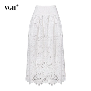 

VGH Elegant White Hollow Out Skirt For Women High Waist Irregular Hem A Line Skirts Female Vintage Autumn Fashion Clothing 2020
