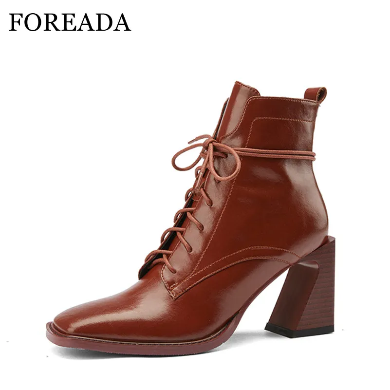 FOREADA Square Toe Woman Boots Real Leather High Heel Ankle Lace Up Block Short Zip Female Shoes Black Size 40 | Обувь