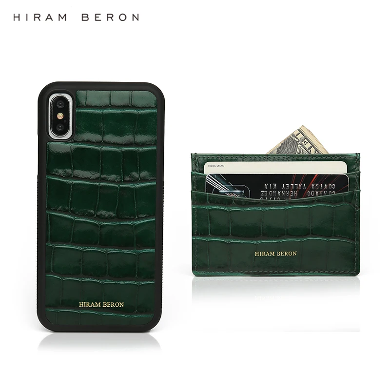 

Hiram Beron Personalized FREE green leather card wallet case with case for iphone 11 Pro Max embossed crocodile pattern