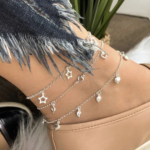 3Pcs Simple Silver Color Chain Anklet Bracelet for Women Boho Heart Set  Sandals Jewelry Accessories Mujer Bijoux Femme
