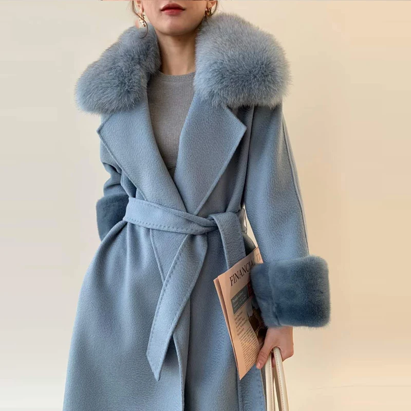 

New 2023 Women coats High Fashion waterblue Ladies double-sided real cashmere coat women's medium and long woolen femal's coat