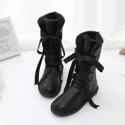 Зимние ботинки на шнуровке со змеиным принтом теплая плюшевая зимняя обувь на плоской подошве женские ботинки на меху в австралийском стиле женские ботинки до середины икры, botas mujer invierno - Цвет: as shown