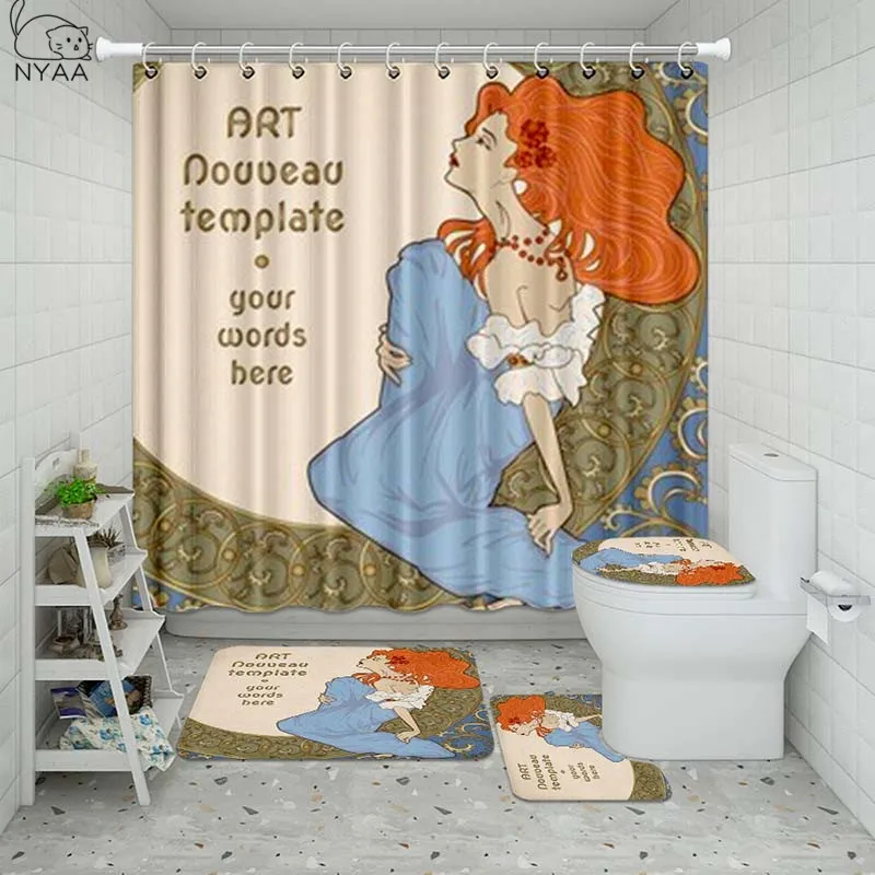 Набор водонепроницаемых занавесок для ванной комнаты Vixm Art Nouveau с крышкой ковра для унитаза, набор ковриков для ванной
