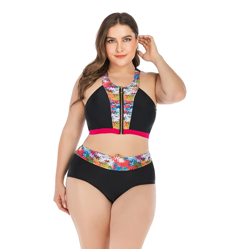 

Women Tankini Patchwork Zipper High Waist Quick Drying Swimwear Bikini Top Bottom Lady Plus Size Swimsuit Beach Swimming Suit