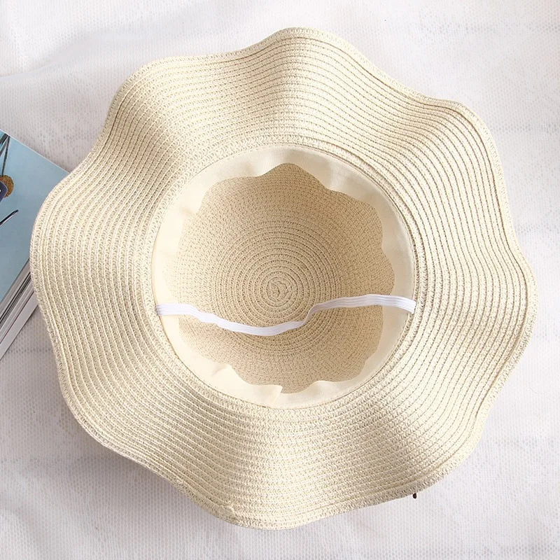 Doitbest Retail 5 colors Summer Children flower Simple Wavy large brimmed straw hat boys girls Sunscreen Beach Parent-child