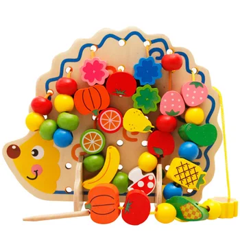 

Hedgehog Animal Wooden Fruit Beads Rich in Color Benefiting Eyes Development Creative Cartoon Stringing Balls Game Toys