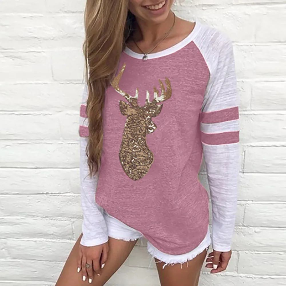 Plus Size S-5XL Christmas Tops Women T-shirt Elk Print Xmas Long Sleeve Happy Tops T Shirt Winter Female Roupas Feminina T-shirt