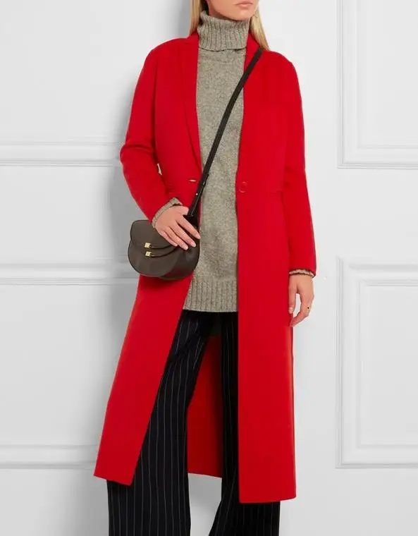 Осень зима женское красное шерстяное длинное кашемировое пальто с одной пуговицей классическое тонкое пальто