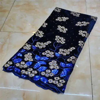 

African royal blue Lace Fabric High Quaity velvet stones/Sequins Fabric Embroidery Tulle Lace Fabric For African Lace Party