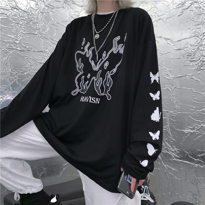Camiseta De Estilo Coreano Harajuku Para Mujer Top Negro Con Estampado Estilo Retro Bf Holgado De Fondo Tendencia Sudadera Con capucha|Sudaderas con capucha y - AliExpress