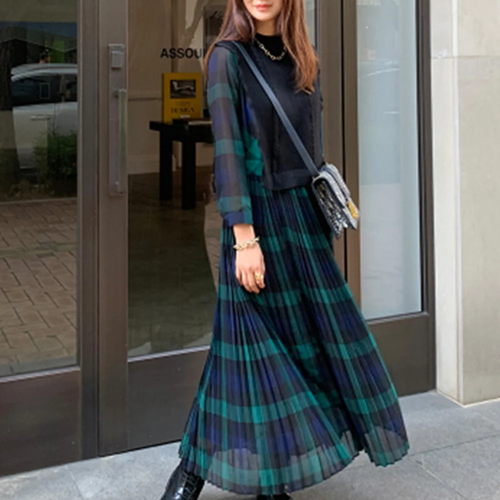 Wholesale qBFc5 Korean Style Plaid Women Long Dresses Spring Autumn 2019 Pleated High Waist Daily Date Dress Robe Femme Vestiods Maxi Dress Wholesale qBFc5 Korean Style Plaid Women Long Dresses Spring Autumn 2019 Pleated High Waist Daily Date Dress Robe Femme Vestiods Maxi Dress