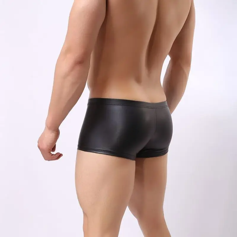Men Boxer Shorts Faux Leather Bugle Pouch Trunks Gay Underwear Slips Clubwear 