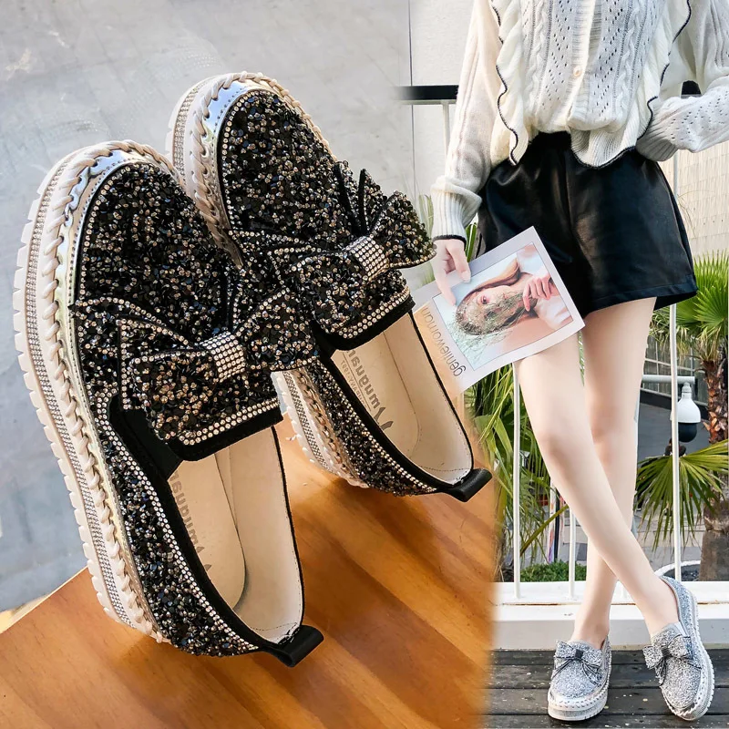 

Shoes Women's 2020 Spring New Style Flat Man-made Diamond Slip-on Lazy Loafers Thick Bottomed Platform Bow WOMEN'S Shoes