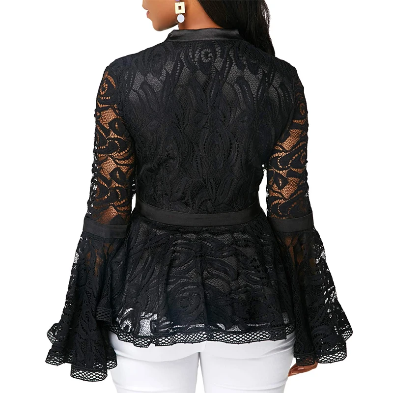 Blusas Mujer 2021 Новый размера плюс Для женщин Кружева длинными расклешенными рукавами