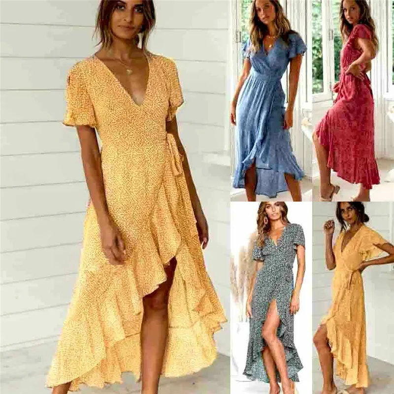 

Women Boho Casual and Loose Thin Floral V-Neck Maxi Long Summer Evening Party Beach Slit Spilt Dresses