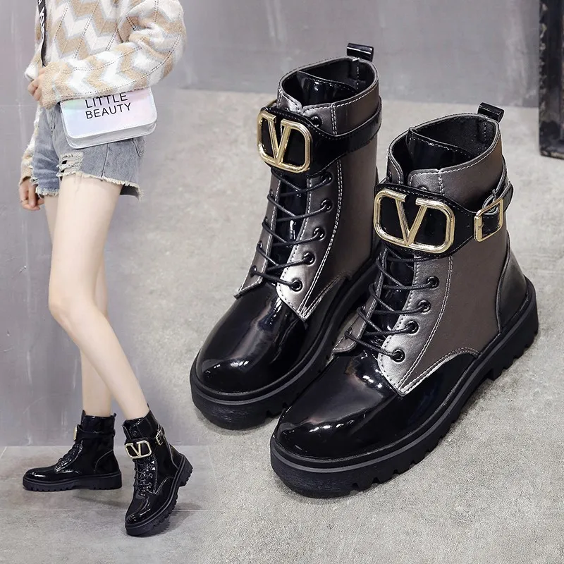 

W- increase height warm non-slip Martin boots autumn England paint leather handsome motorcycle boots thick-soled boots women