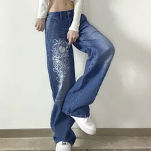 

2022 New Arrivals Women Jeans Casual Pants retro Low-waisted pleated love printed wash jeans loose wide leg straight jeans women