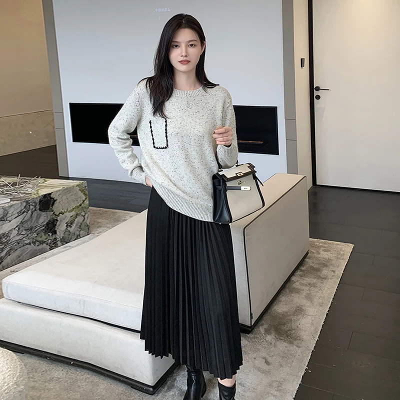 8168# Autumn Winter Korean Fashion Thicken Warm Pleated Maternity Skirts Chic Ins A Line Loose Belly Clothes for Pregnant Women