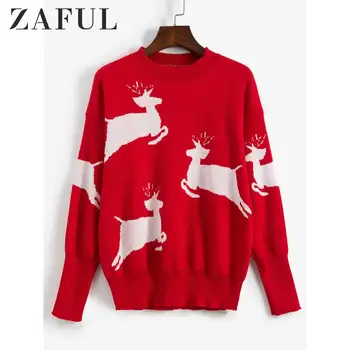 

ZAFUL Women Christmas Elk Graphic Sweater Red Color Crew Neck Drop Shoulder Long Sleeve Pullovers Daily Holidays Hot Sale 2019