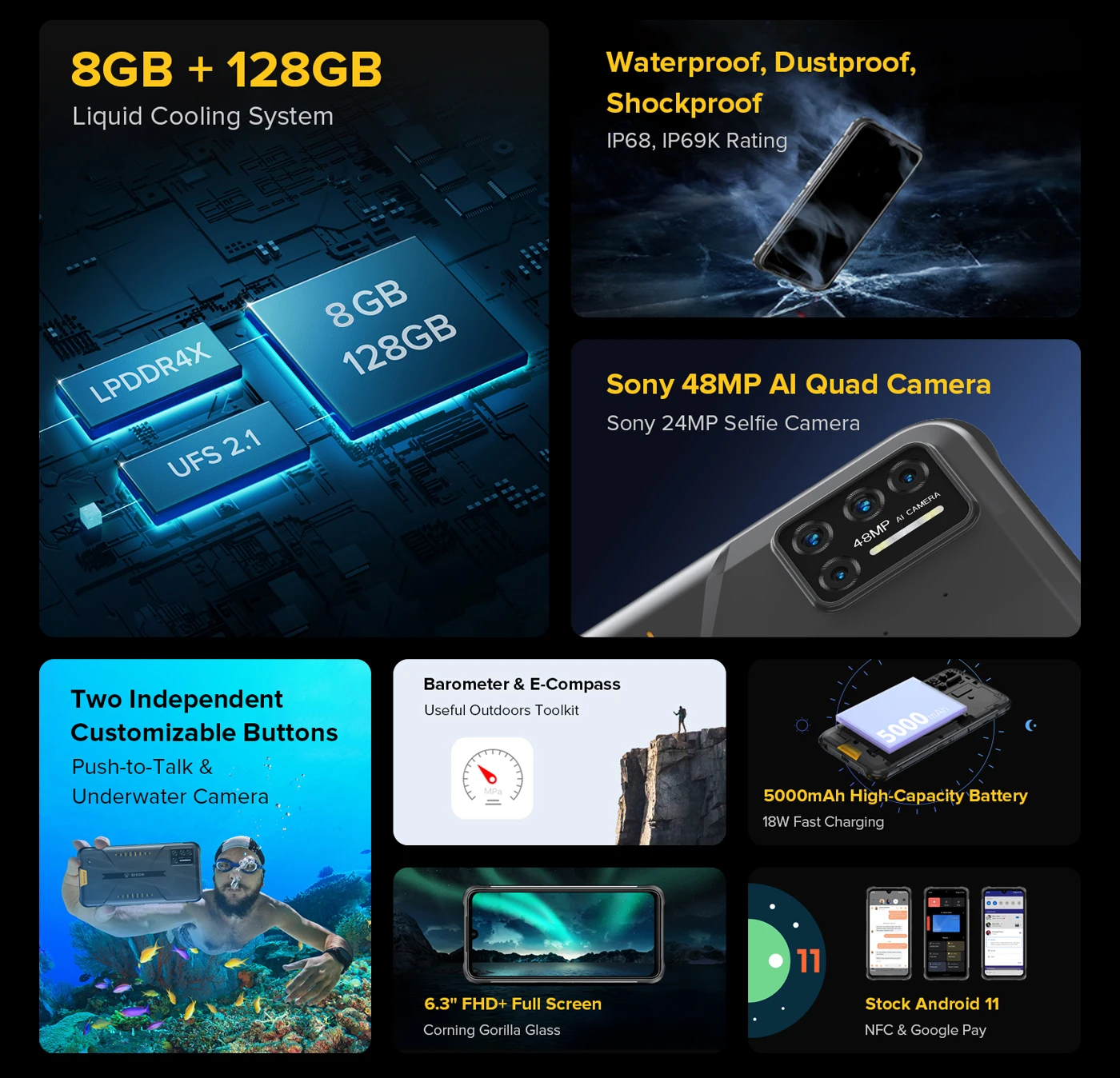 UMIDIGI BISON 2021 8GB+128GB NFC IP68/IP69K Waterproof Smartphone Rugged Phone 48MP Matrix Quad Camera FHD+ Display Android 11 laptop ram