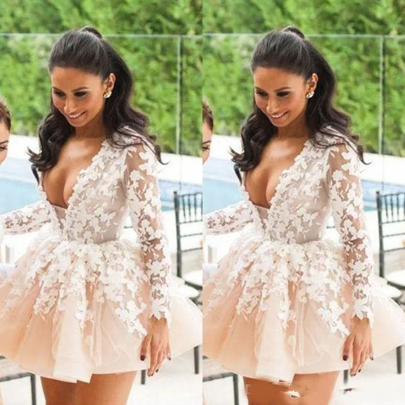 

Cheap V Neck Short Mini Homecoming Dresses 2019 Long Sleeve Lace Applique Short Prom Dress Formal Party Evening Gowns