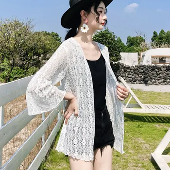

O Fashion Cardigan Women New Vacation Horn Long Sleeve Cardigan Lace Jacquard Hollow Sunscreen Cardigan Coat Women