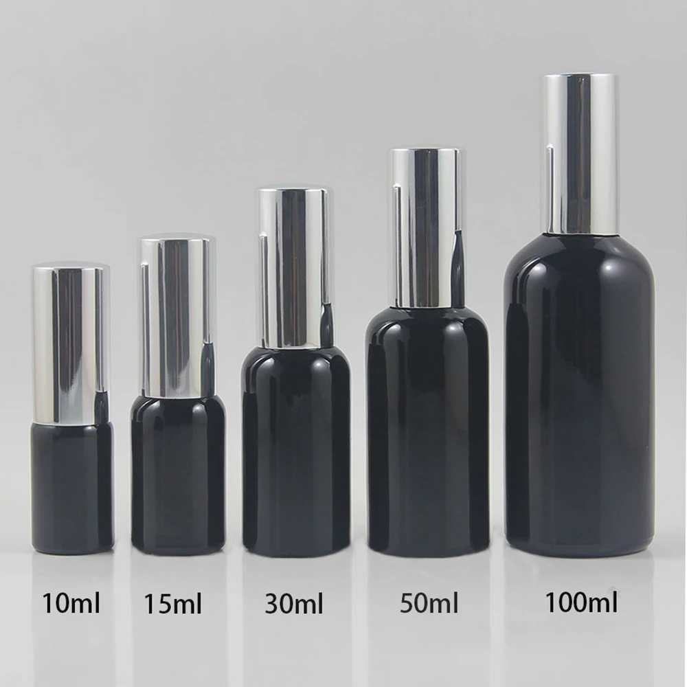 

15ml Glass Black/Black Frosted Pump Bottle with Silver Lid